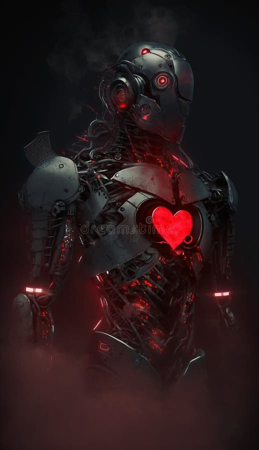 Ai futuristic robot with red heart in center of chest. stock illustration.