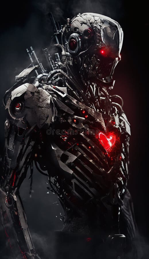 Ai futuristic robot with red heart in center of chest. vector illustration.