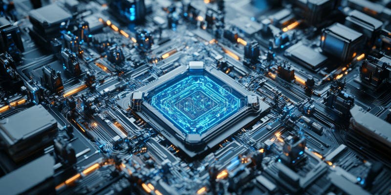 A futuristic 3D background of an enormous AI core chamber. The massive central processor pulses with stock photo