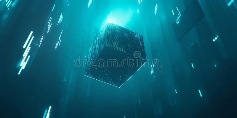 A futuristic 3D background featuring a levitating digital cube surrounded by floating data streams and glowing binary code. The deep blue and cyan tones create a sleek, technology-inspired visual aesthetic. AI generated