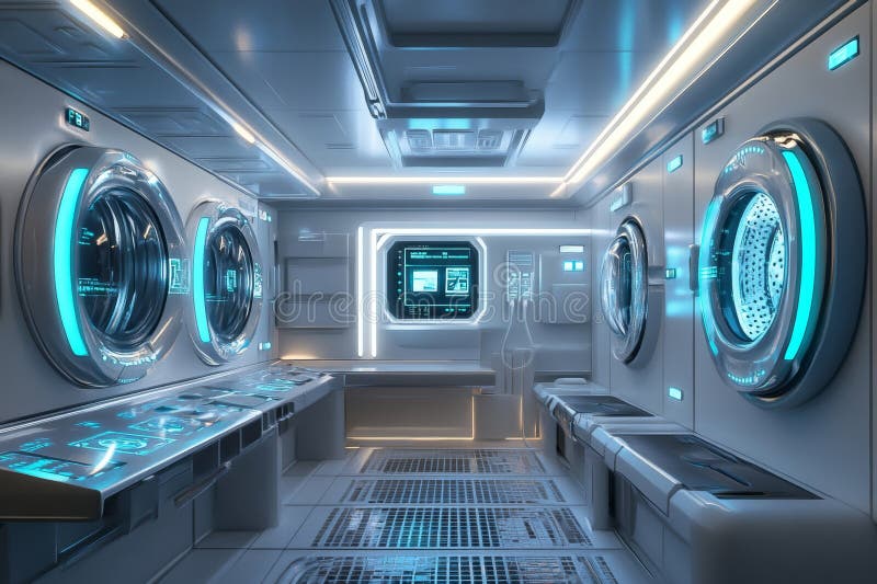 Futuristic 3d laundry room featuring advanced washing machine and holographic control interfaces royalty free illustration