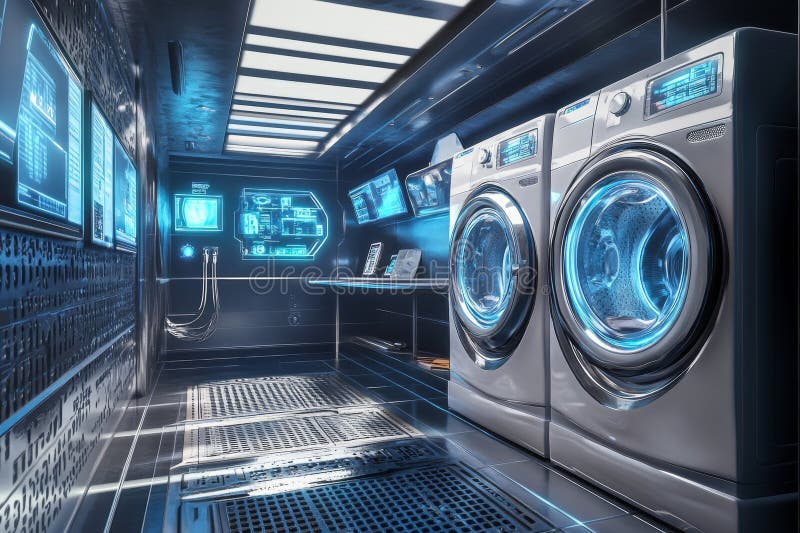 Futuristic 3d laundry room featuring innovative washing machine and holographic control interfaces stock illustration