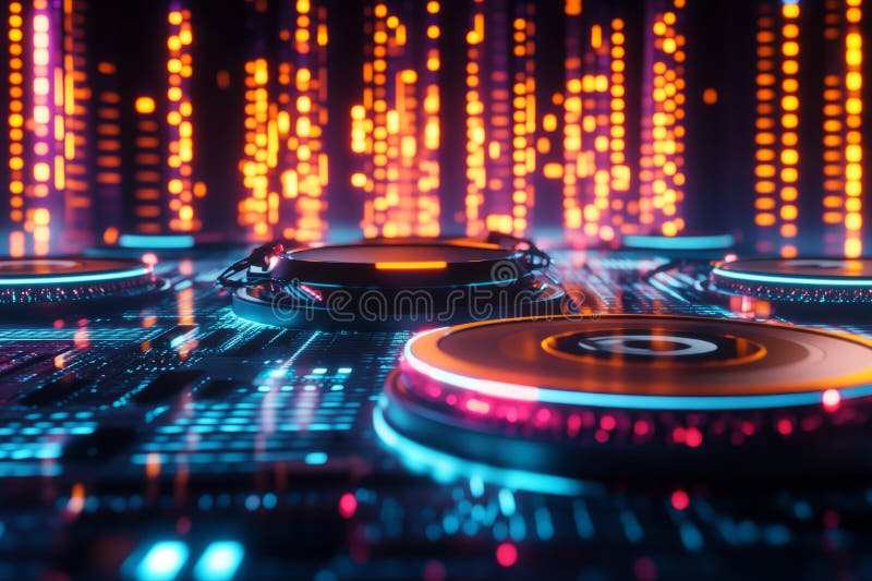 A futuristic 3D music background with floating digital turntables, glowing with neon lights. royalty free stock photos