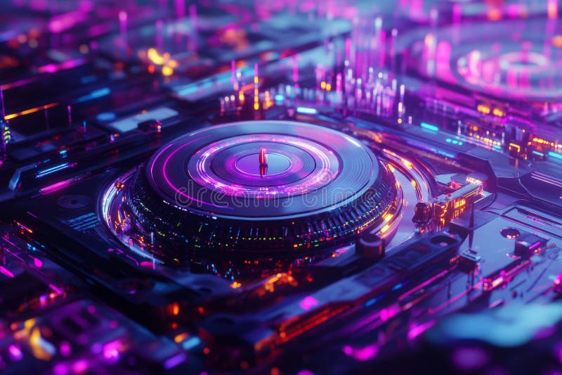 A futuristic 3D music background with floating digital turntables, glowing with neon lights. stock photography
