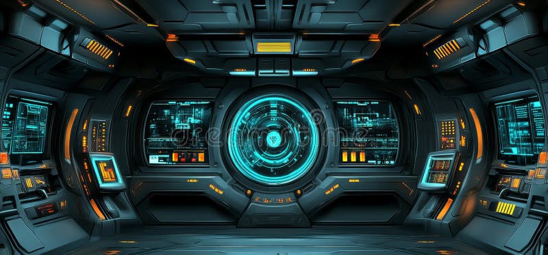 In a futuristic 3D rendering, a spaceship is situated in a hangar or garage with a triangular corridor that features royalty free illustration