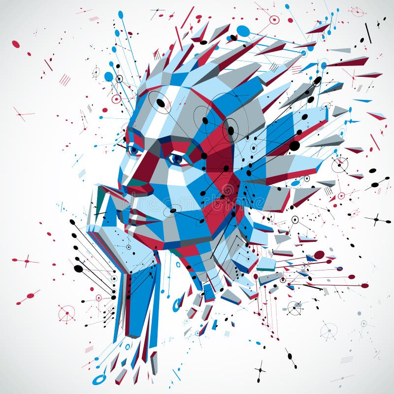 Futuristic 3d vector background made using Bauhaus elements. Head of woman exploding with thoughts created in low poly style, can royalty free illustration Futuristic 3d vector background made using Bauhaus elements. Head of woman exploding with thoughts created in low poly style, can royalty free illustration