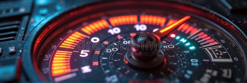 Futuristic dashboard close-up with illuminated speedometer and neon accents royalty free stock photo