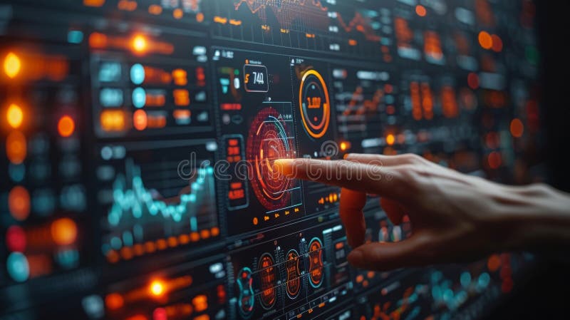 A futuristic dashboard with colorful charts and graphs displays realtime data on the financial market. A hand presses a royalty free stock image