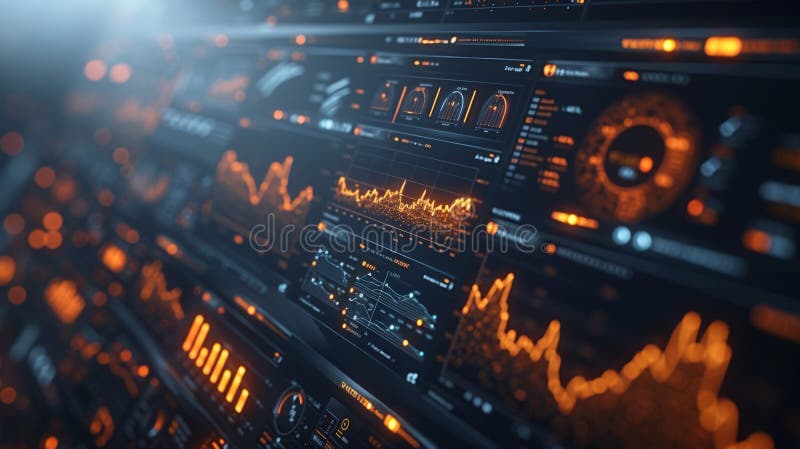 A futuristic dashboard display features realtime updates on a persons financial health. Different widgets display royalty free stock image