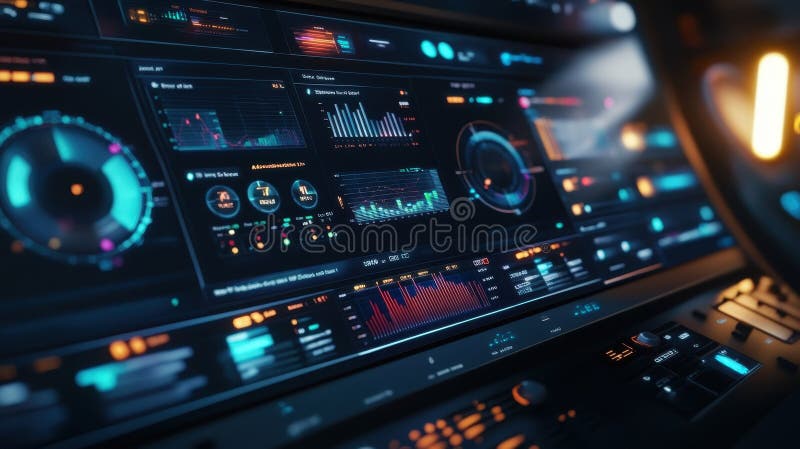 A futuristic dashboard display filled with holographic data points and performance metrics visualizing the dynamic royalty free stock photos