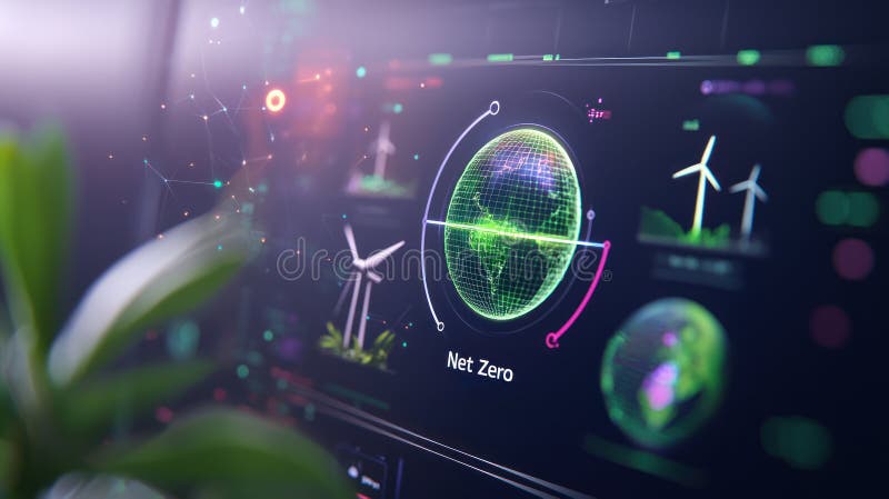 Futuristic dashboard displaying carbon reduction metrics and renewable energy visuals stock image