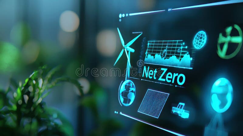 Futuristic dashboard displaying Net Zero concepts with graphs and icons. Emphasizing royalty free stock photography