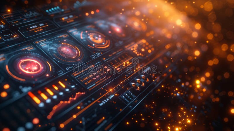 A futuristic dashboard displaying realtime data and analytics with different colors and graphs representing different royalty free stock photos