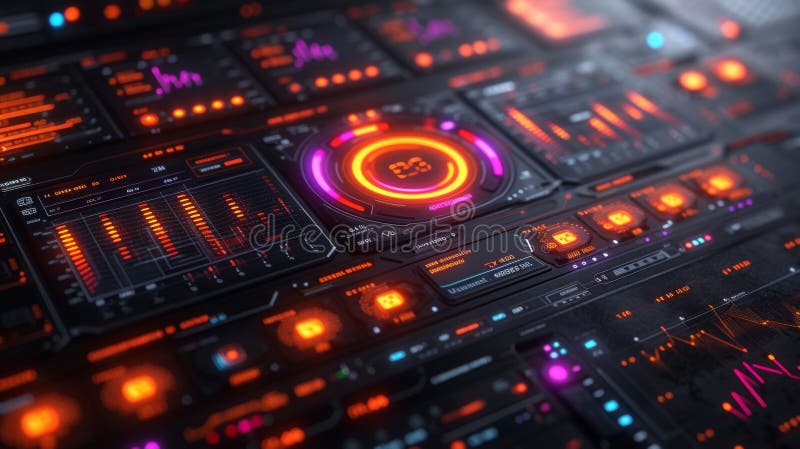 A futuristic dashboard displays realtime eCommerce data with graphs and charts representing different metrics such as stock photography