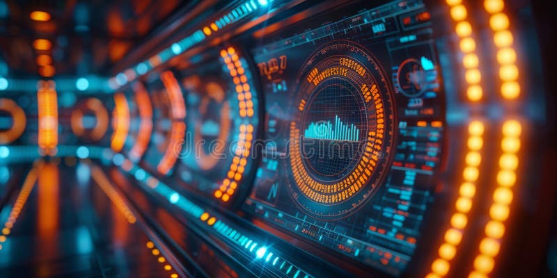 Futuristic dashboard with glowing circular data displays and digital graphs, symbolizing advanced technology, analytics stock photos