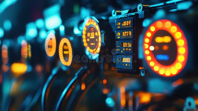 Futuristic dashboard glowing in dark interior showing speed, time and mileage stock images
