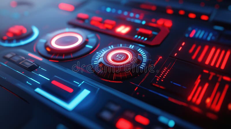 Futuristic dashboard with glowing neon red and blue controls in a high tech digital interface, AI Generative stock images