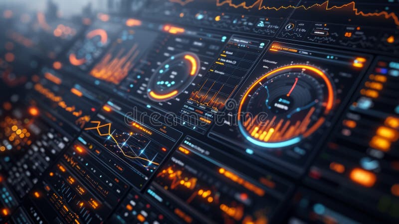 A futuristic dashboard with graphs and charts representing key metrics of government finance such as debt levels revenue stock photo