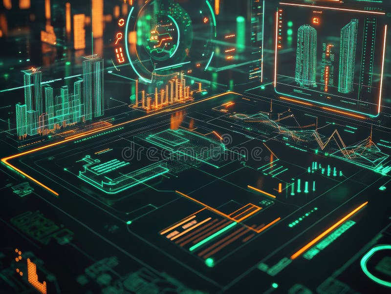 A futuristic dashboard with holographic graphs, featuring complex data in green and blue It includes a large circular royalty free stock images
