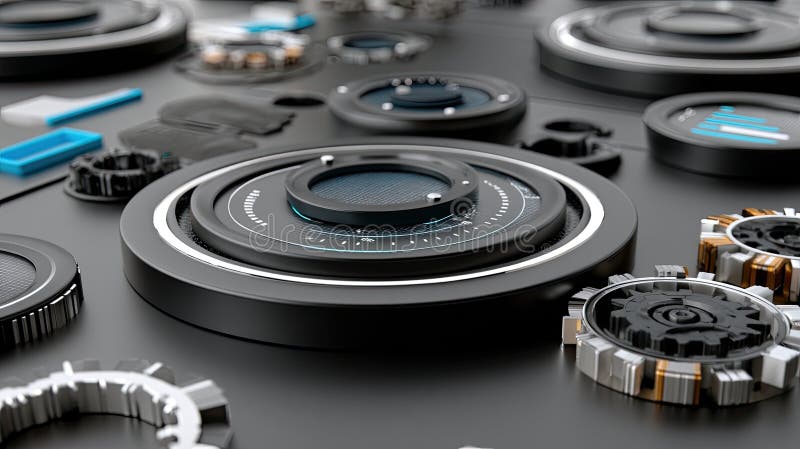 Futuristic dashboard with interactive graphs and data visualizations on a black background, highlighted in blue royalty free stock photography