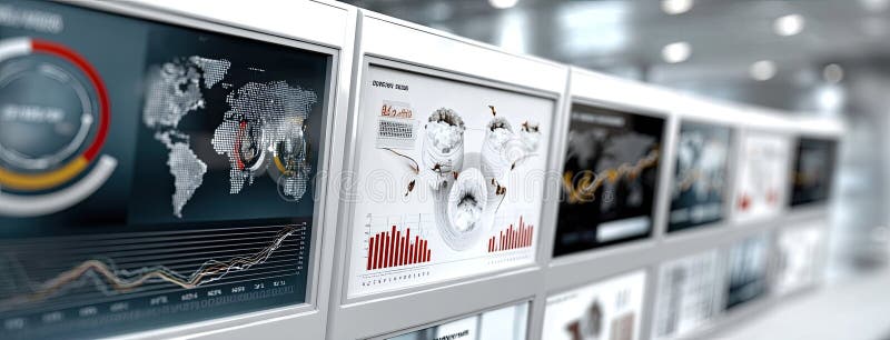 Futuristic dashboard with interactive graphs and data visualizations on a black background, highlighted in blue royalty free stock photography