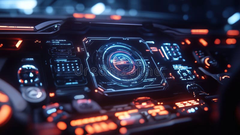 Futuristic dashboard interface with glowing elements and high-tech displays royalty free stock image