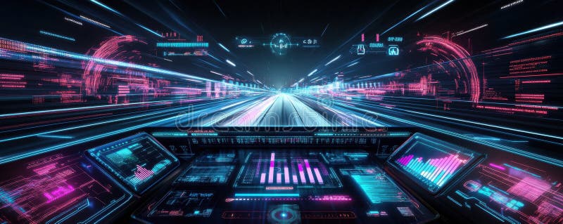 Futuristic dashboard interface with high-speed virtual data visualization and glowing graphics stock image