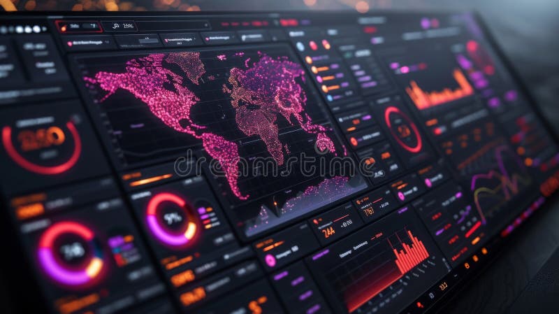A futuristic dashboard with realtime data and analytics displaying key risk indicators and their trends. The dashboard stock photography