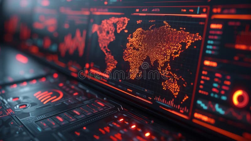 A futuristic dashboard with realtime data visualization displaying the current state of the global economy. The royalty free stock images