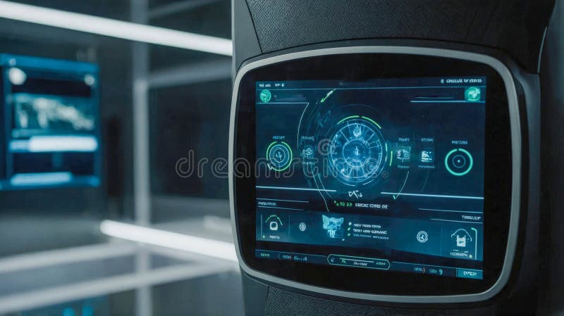 A futuristic dashboard screen displaying a high-tech ecological interface with various settings and options, emphasizing stock photo