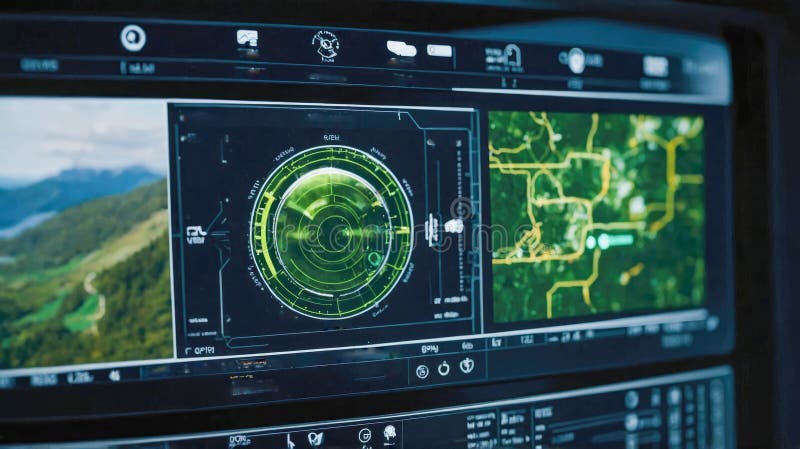 A futuristic dashboard screen displaying a high-tech ecological interface with various settings and options, emphasizing royalty free stock photography