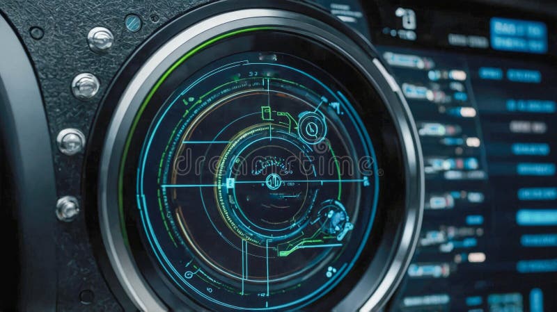 A futuristic dashboard screen displaying a high-tech ecological interface with various settings and options, emphasizing stock image