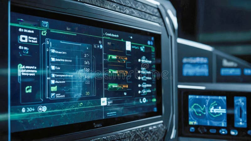 A futuristic dashboard screen displaying a high-tech ecological interface with various settings and options, emphasizing stock image
