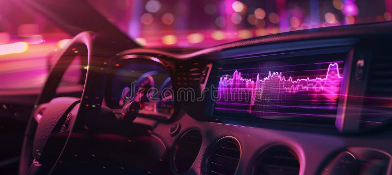 Futuristic Dashboard in Self-Driving Car with Holographic Audio Visualization for Innovation Design royalty free stock photo