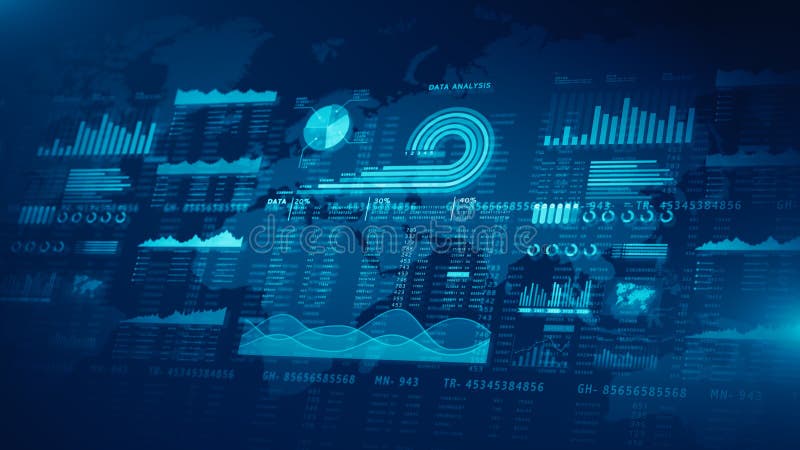 Futuristic data analysis dashboard graphics, global statistics, pie charts, and interactive analytics design, ideal for business stock illustration