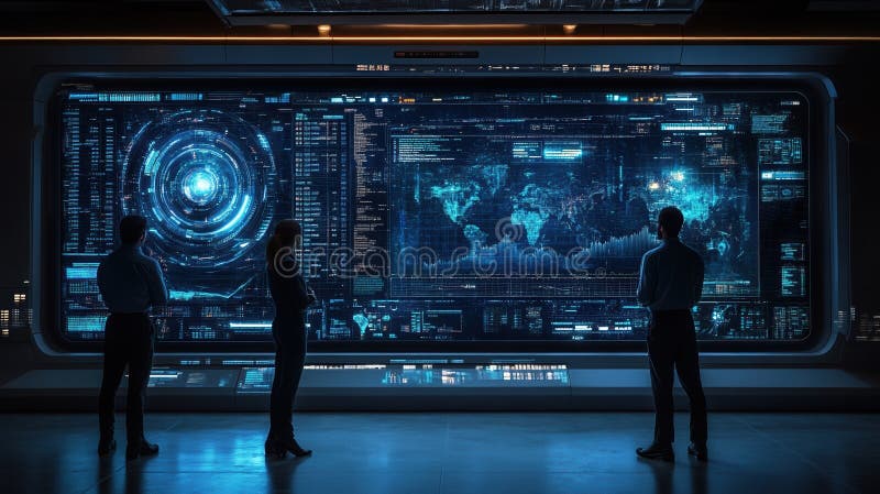 Futuristic data analysis room with diverse professionals analyzing global information on advanced digital screens stock illustration