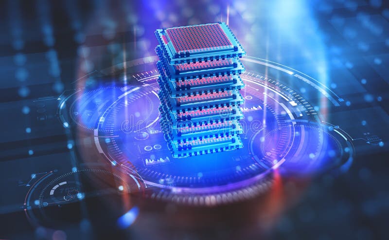Futuristic Data center. Big Data analytics platform. Quantum processor in the global computer network vector illustration