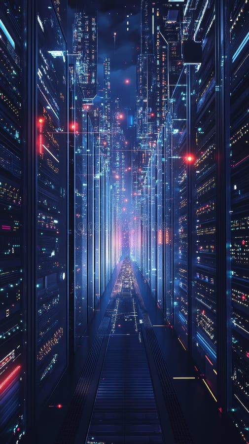 Futuristic Data Center Corridor with Neon Lights and High-Tech Atmosphere royalty free illustration