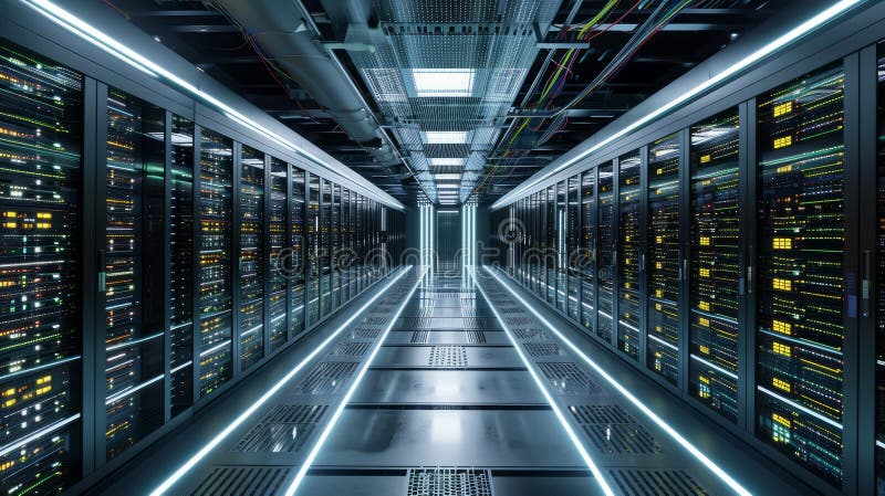 Futuristic data center corridor with rows of illuminated server racks, high-tech facility for cloud computing and big stock photography