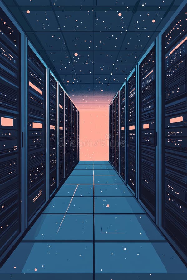 Futuristic Data Center Corridor with Server Racks and Digital Aesthetic royalty free illustration