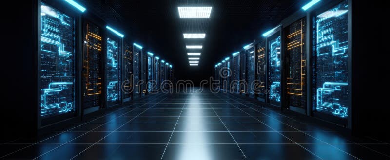 The futuristic data center featuring illuminated server racks and sleek design. image royalty free stock photos.