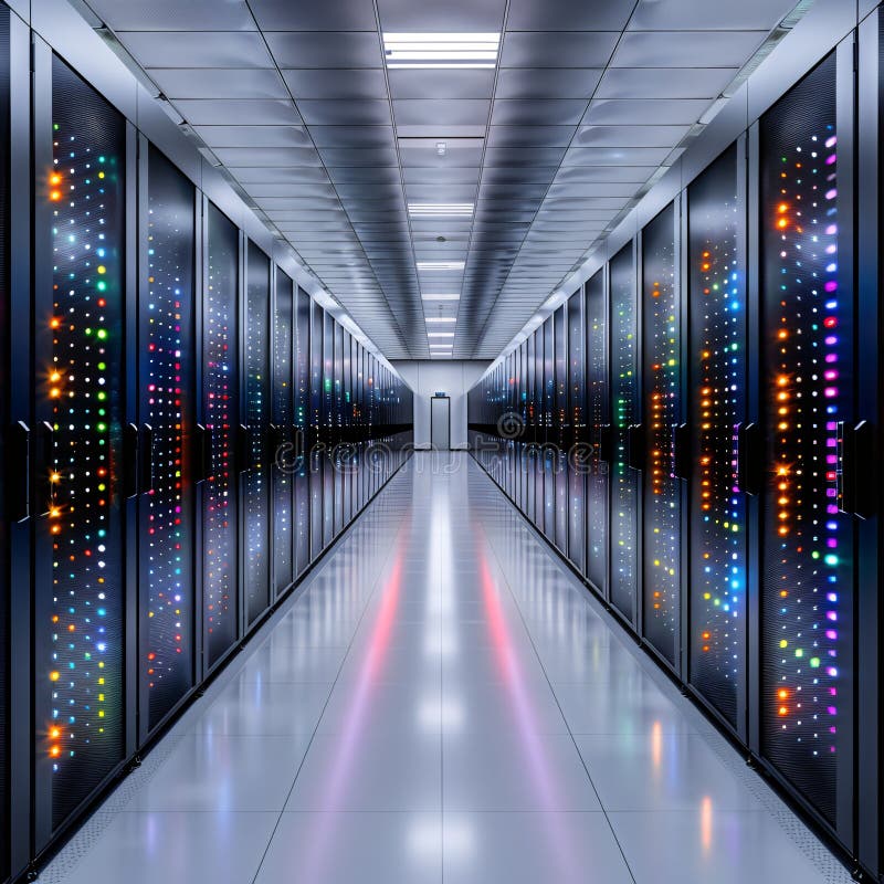 High Tech Data Center with Illuminated Server Racks and Clean White Floor stock photo
