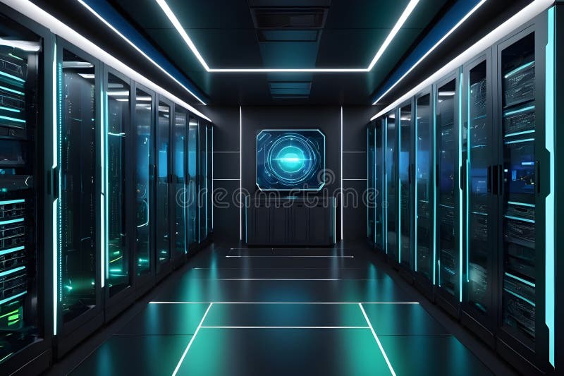 Futuristic data center featuring sleek rows of illuminated server racks stock photos