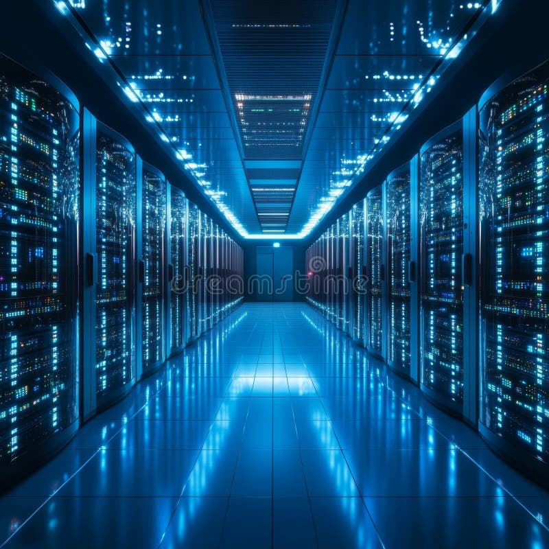 Futuristic Data Center with Glowing Servers and High-Tech Design vector illustration