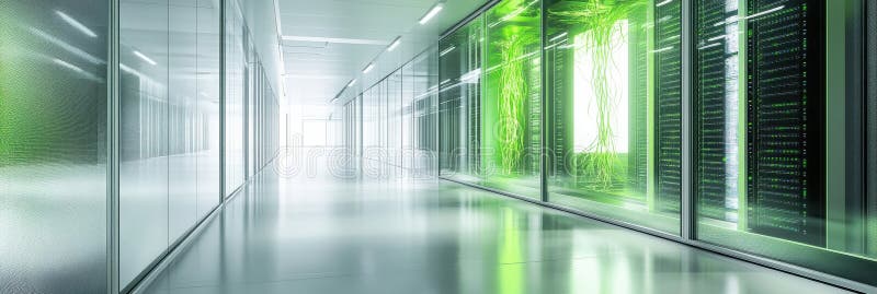 Futuristic data center with green illuminated server racks in modern, sleek hallway reflecting high-tech innovation and stock photography