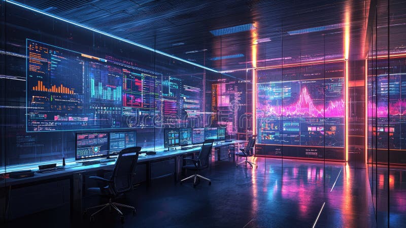 Futuristic data center with holographic screens displaying analytics in neon lights vector illustration