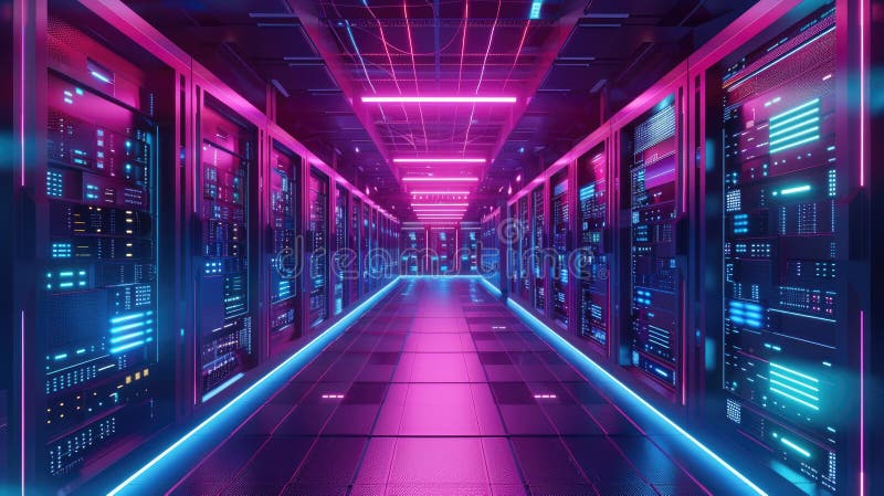 Futuristic data center, modern computer servers in dark room with neon light, inside big datacenter with supercomputer. Concept of vector illustration