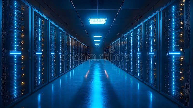 Futuristic data center with rows of illuminated server racks glowing in blue light. A high-tech environment representing royalty free stock photography