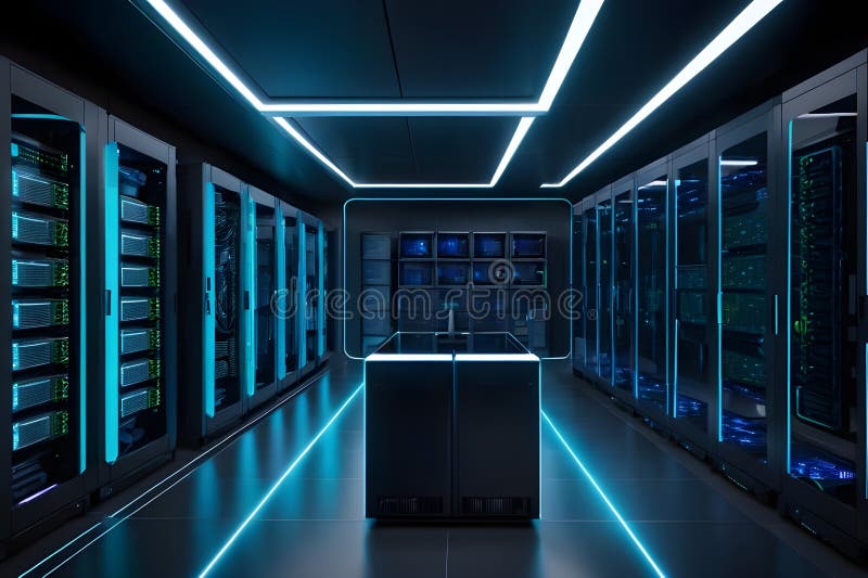 Futuristic data center with rows of server racks illuminated by blue LED lights stock photography