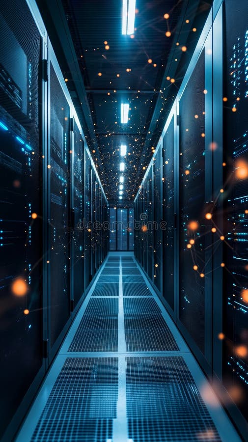 Futuristic Data Center with Server Racks and Digital Connections in Blue Lighting vector illustration